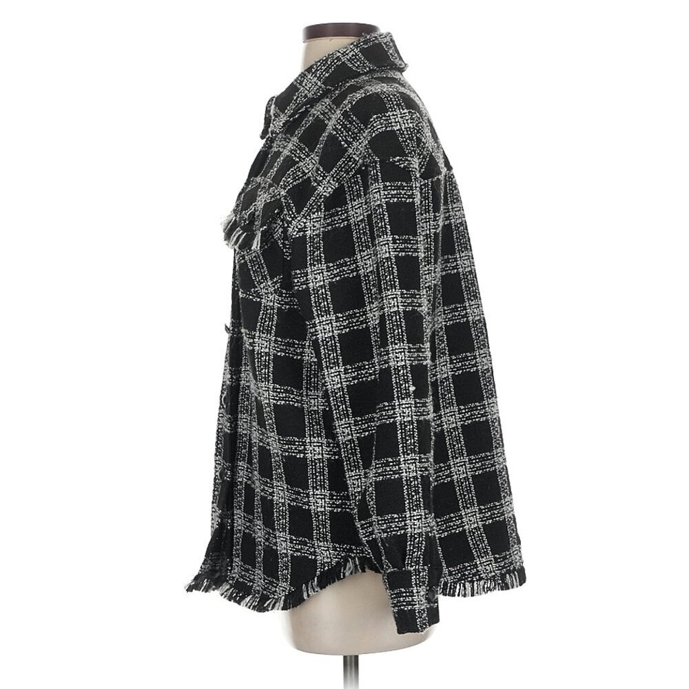 House of Harlowe 1960 black white plaid fringe trim shacket jacket size S - Picture 6 of 7